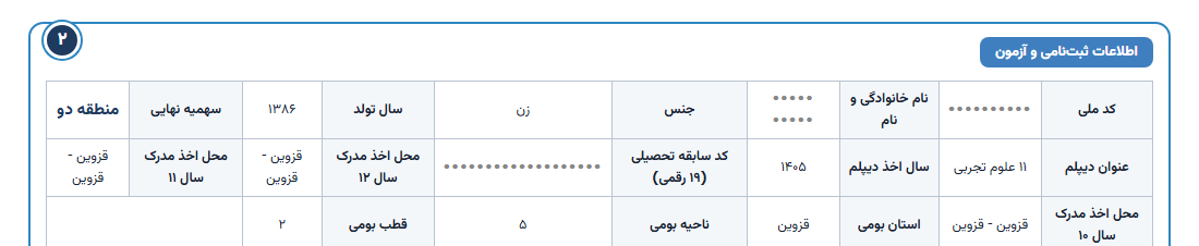 بخش ۲ کارنامه: اطلاعات ثبت‌نامی و آزمون، سهمیه نهایی، محل اخذ مدرک و استان و ناحیه و قطب بومی